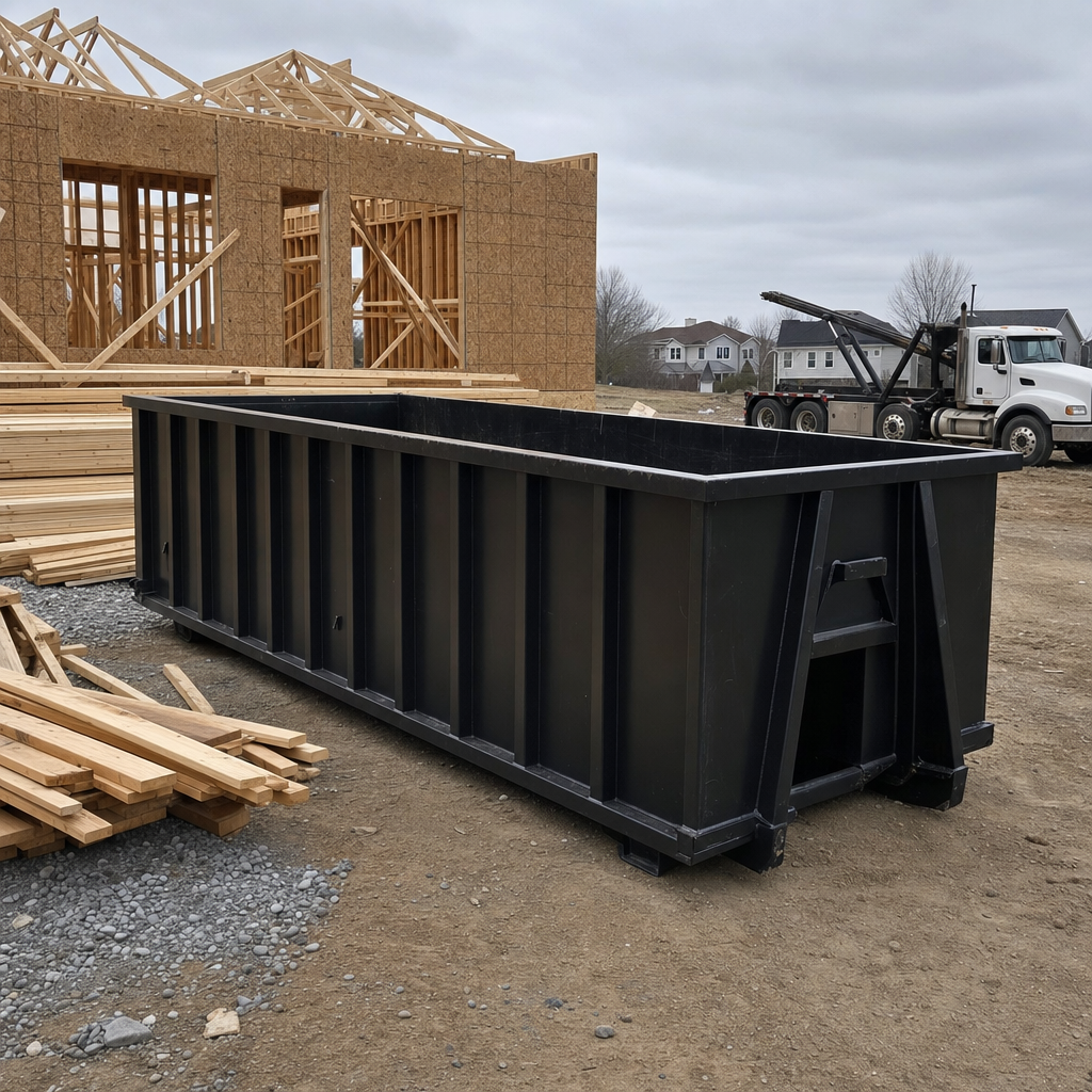 Matte-black 40-yard roll-off dumpster staged on a framed-out residential construction site in Pleasantville, framing lumber stacked nearby, hooklift delivery truck visible in the background under bright Colorado daylight