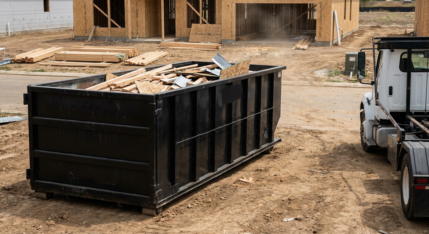Matte-black 20-yard roll-off construction dumpster with heavy ribbed steel sidewalls and swing rear doors at a working jobsite in Pleasantville, sitting directly on compacted dirt with an unmarked white hauler partially visible at the far edge of the frame.