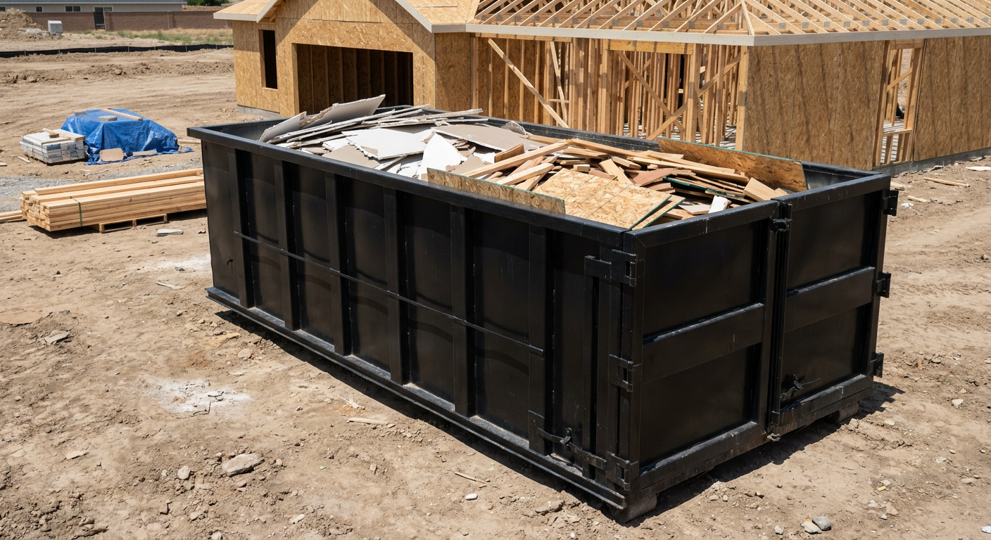 Matte-black 30-yard roll-off construction dumpster sitting directly on the compacted-dirt site of a framed single-family home build in Pleasantville, drywall and lumber scrap loaded inside.