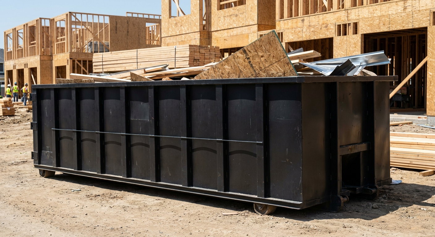 Matte-black 40-yard roll-off construction dumpster being lowered from a white-cab hooklift delivery truck onto the compacted-dirt jobsite at a commercial build site in Pleasantville
