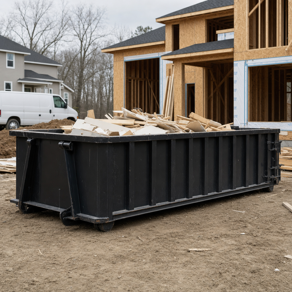 Worker in a yellow high-visibility vest tossing framing lumber and broken drywall into a matte-black 30-yard construction roll-off dumpster on an active build site in Pleasantville, bright daylight