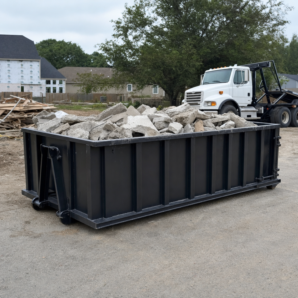Low-profile matte-black lowboy roll-off dumpster loaded with broken concrete slab and rebar at a foundation tear-out in Pleasantville, skid steer parked beside it, sunny Colorado morning