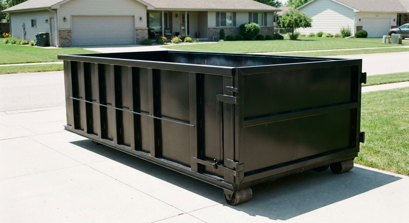 Matte-black 10-yard roll-off dumpster on a residential concrete driveway in Pleasantville, uniformly painted matte black across every panel and rail, ribbed steel sidewalls and rear swing door visible, mid-day daylight.