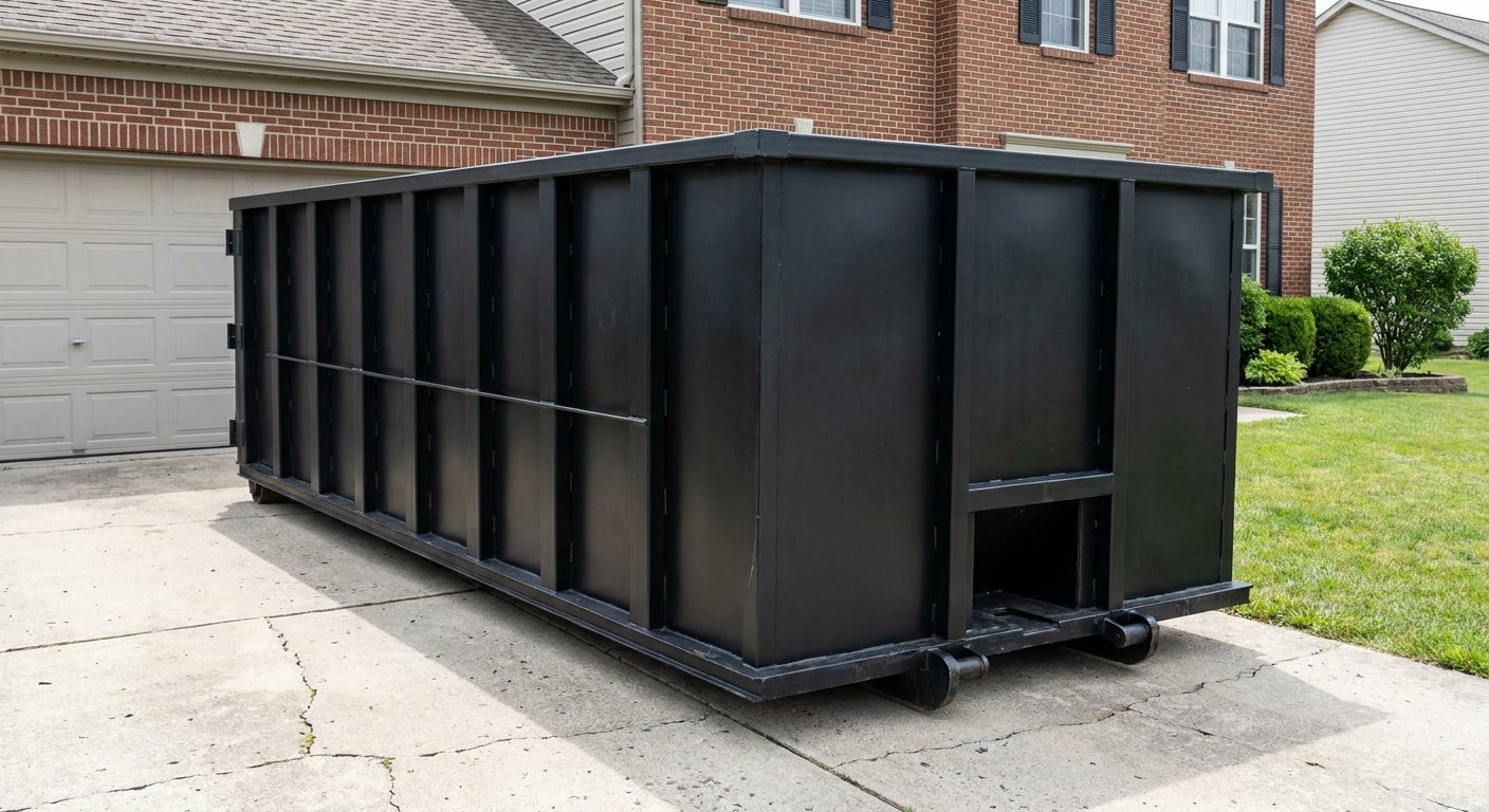 Matte-black 20-yard roll-off container on a Pleasantville residential concrete driveway with reinforced ribbed steel sidewalls and a hinged rear walk-in door, clean bright daylight.