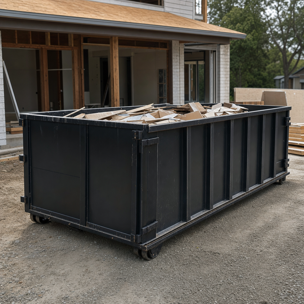 Large matte-black 30-yard construction roll-off dumpster at an active Pleasantville jobsite, steel-gray top rails and bottom rollers visible, loaded with construction debris.