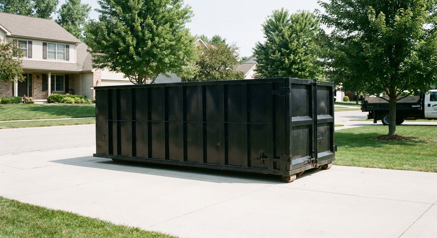 Matte-black 20-yard roll-off dumpster sitting level on a clean Pleasantville residential concrete driveway under bright daylight, demonstrating clean placement directly on the concrete.