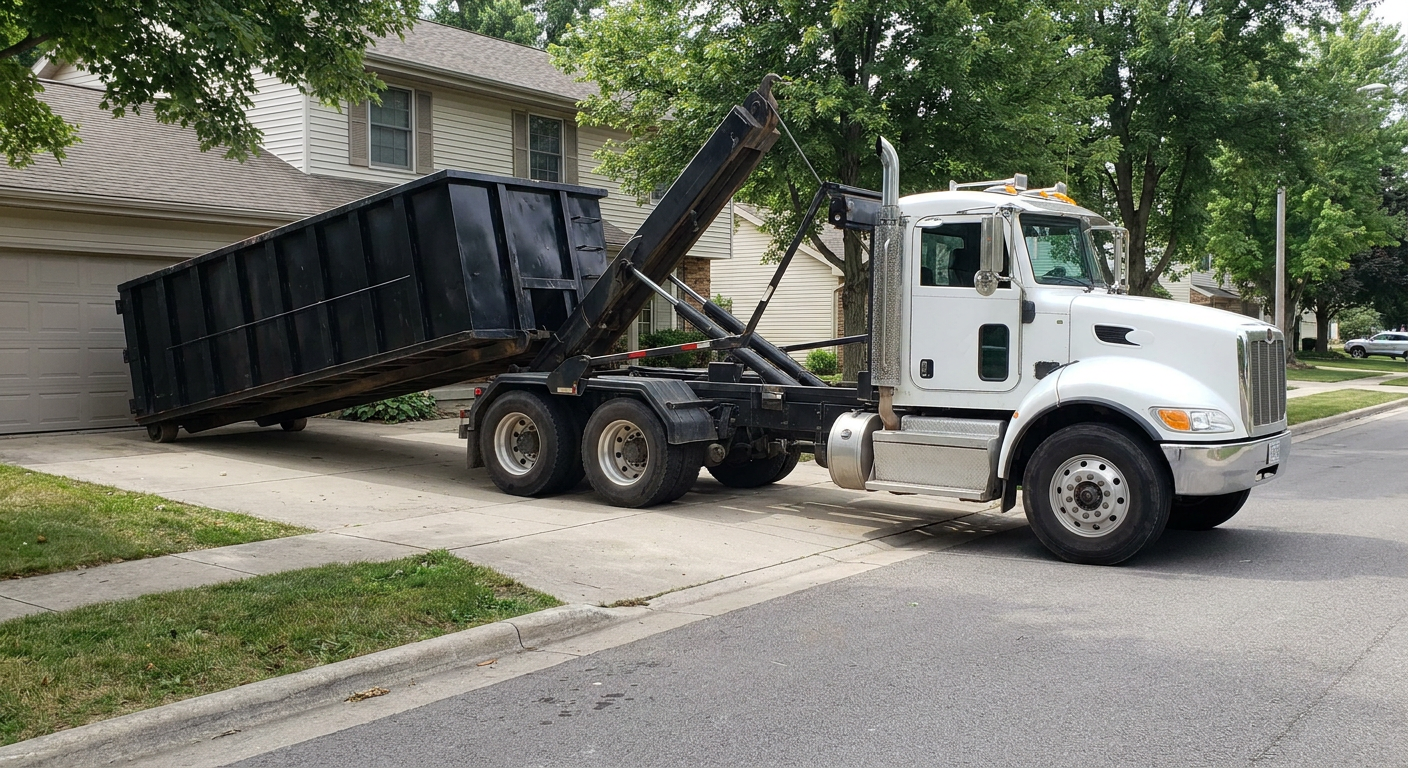 White-cab hooklift roll-off truck actively lowering a matte-black dumpster onto a Pleasantville residential concrete driveway, the dumpster's rear wheels touching the driveway as the hoist arm tilts the bed forward, mid-morning daylight.