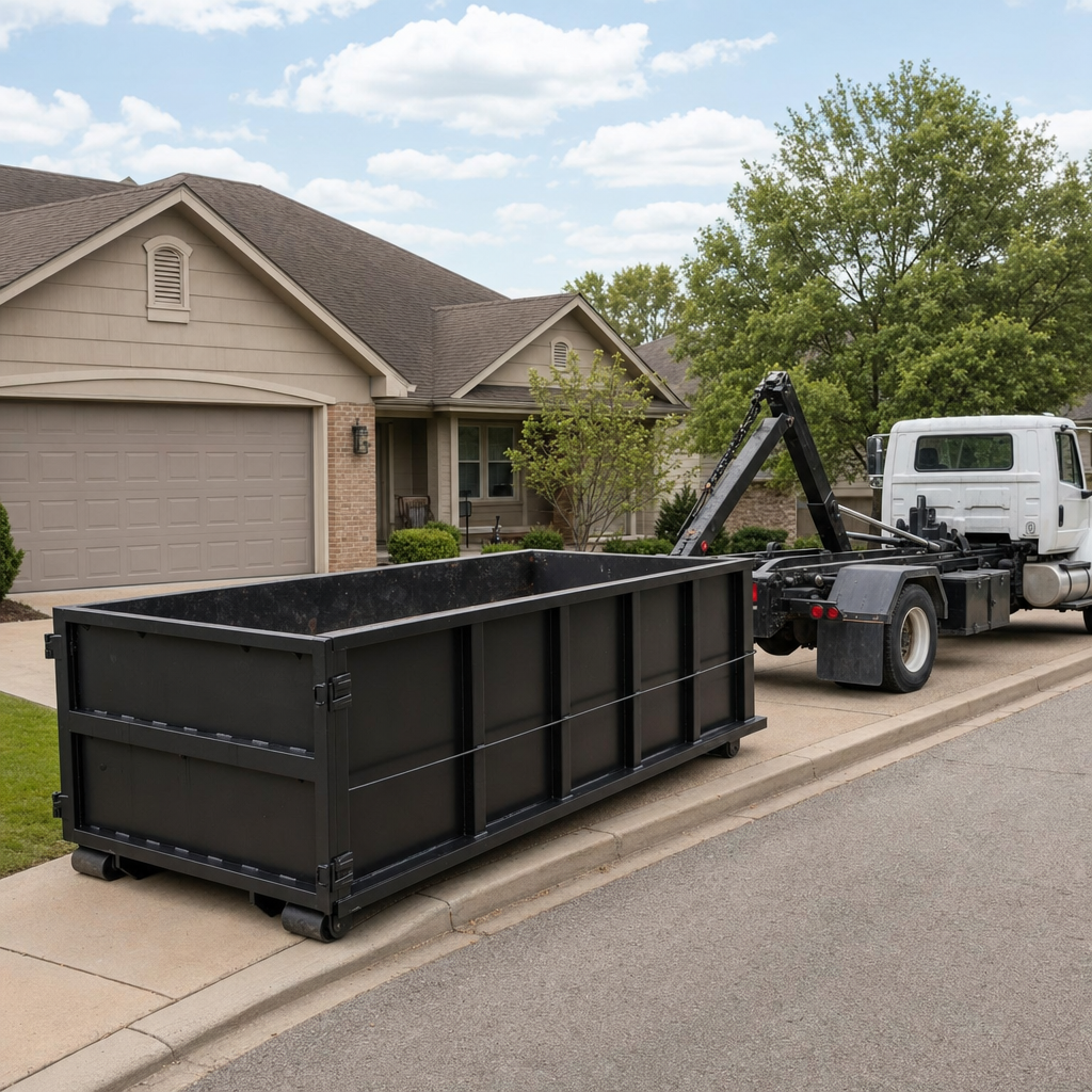 Wide documentary shot of a matte-black roll-off dumpster on a Pleasantville residential driveway in the foreground and a contractor jobsite container in the soft-focus background, bright daylight, calm and orderly composition.