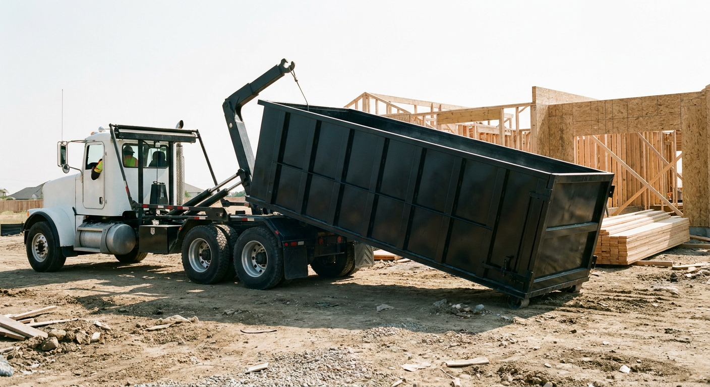 Matte-black roll-off dumpster being delivered onto a clean residential concrete driveway in Pleasantville by an unmarked white hooklift hauler truck, bright morning daylight, documentary 35mm perspective.