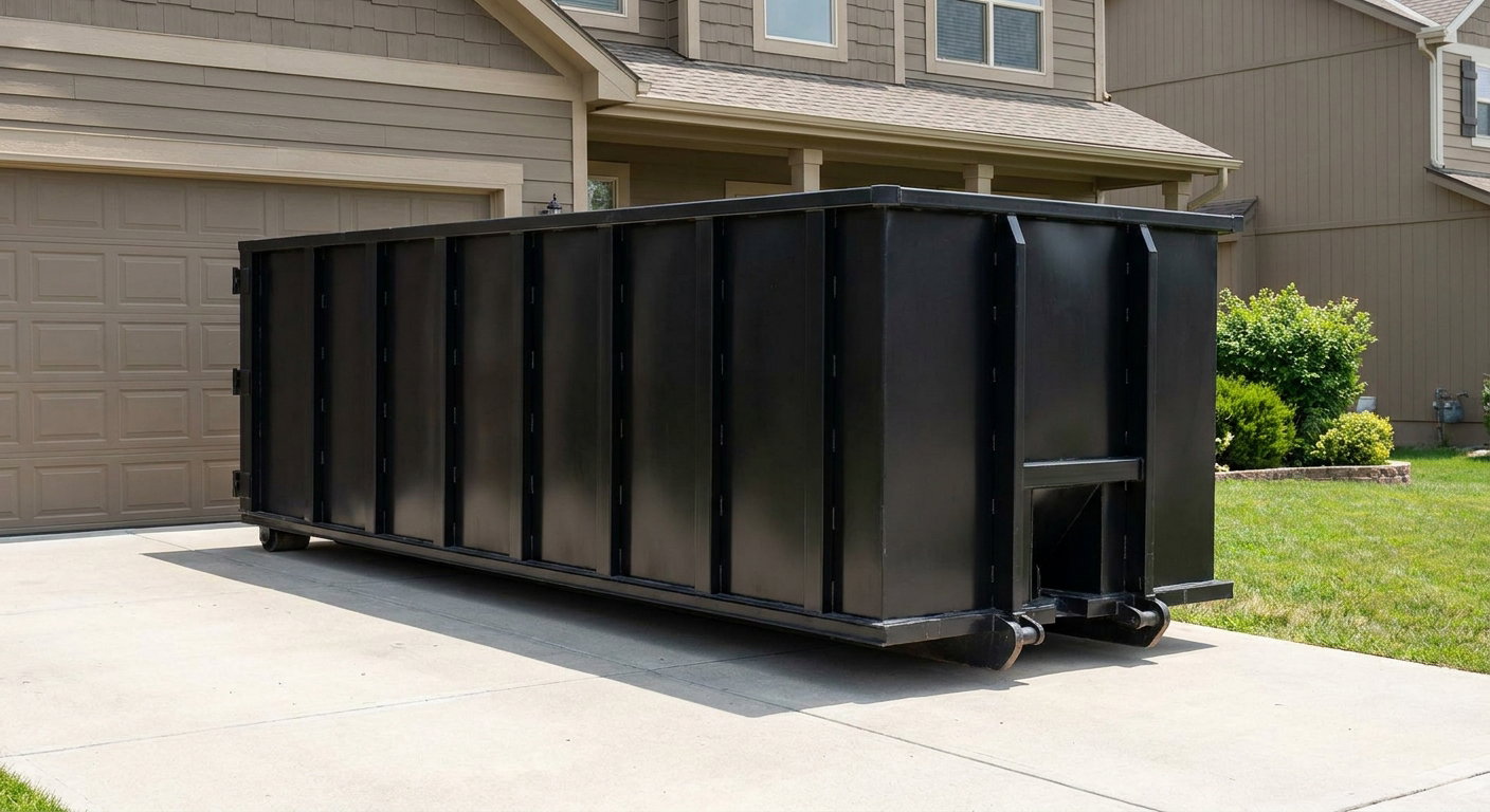 Matte-black residential roll-off dumpster sitting directly on a suburban Pleasantville concrete driveway, garage door closed, single-family home in background, bright morning daylight.