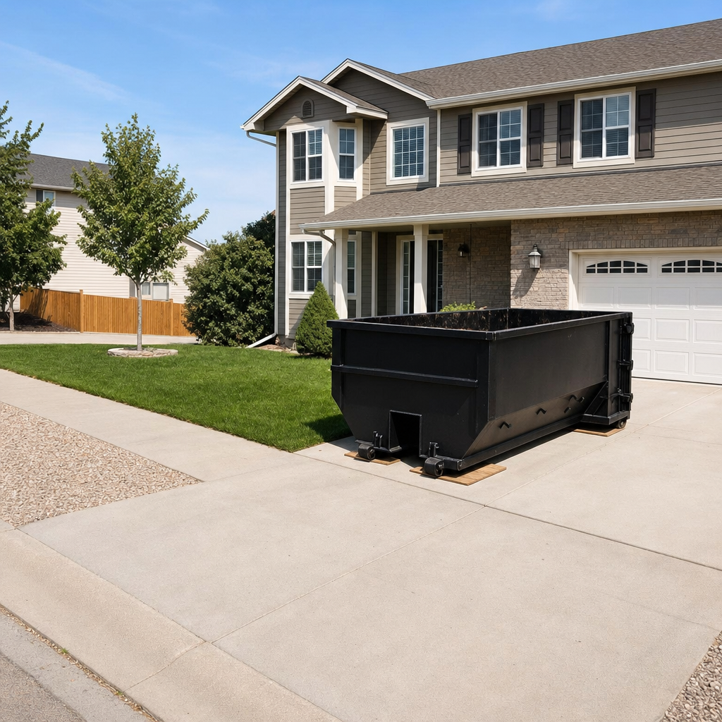10-yard matte-black residential dumpster placed directly on a narrow Pleasantville concrete driveway, room remains for a parked sedan beside it, mid-morning natural light