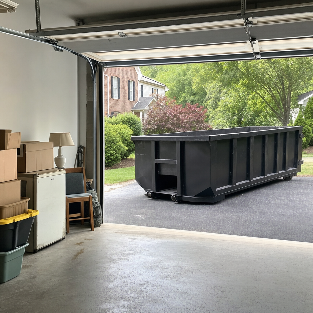 Open garage interior in a Pleasantville home mid-cleanout — boxed items, an old appliance, and stacked yard tools queued near the driveway for a matte-black roll-off dumpster, organized and calm