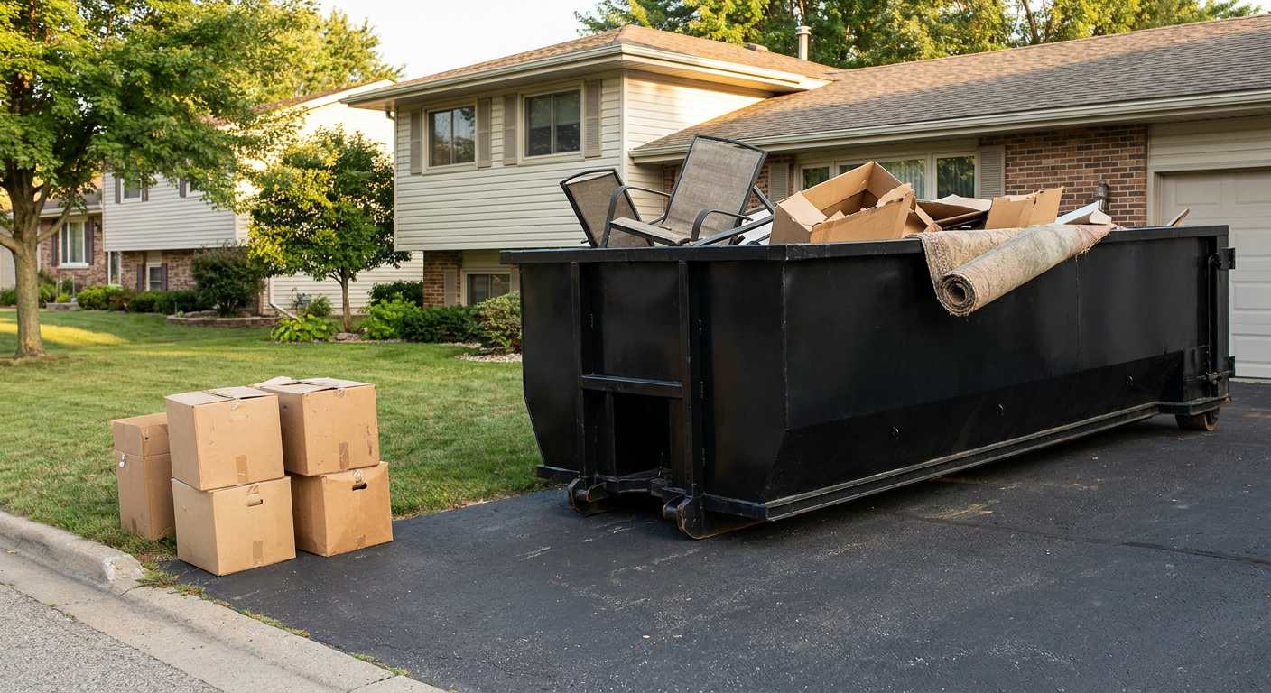Front-yard view of a Pleasantville split-level home with a 20-yard matte-black roll-off dumpster sitting directly on the asphalt driveway, a few clearly labeled donation boxes staged at the curb, calm sunny afternoon.