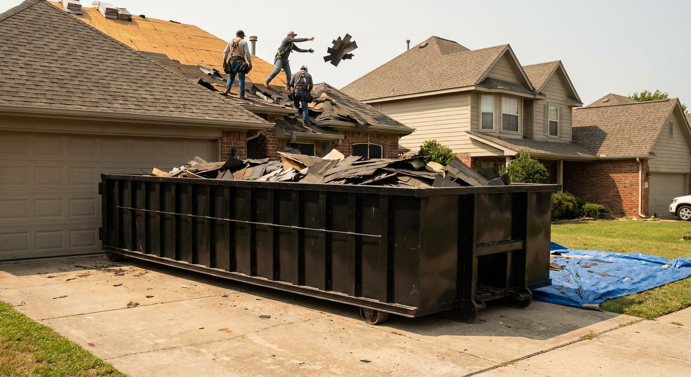 Matte-black roofing roll-off dumpster placed directly on a Pleasantville residential concrete driveway, a tear-off crew on a two-story asphalt-shingle roof tossing shingle bundles into the low-walled container, bright daylight, documentary 35mm perspective.