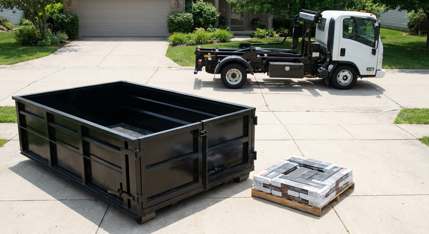 Matte-black 15-yard roofing roll-off dumpster with reinforced low side walls sitting directly on a Pleasantville residential concrete driveway, three-tab asphalt shingle bundles stacked nearby, an unmarked white hauler truck partially visible at the edge of the frame.