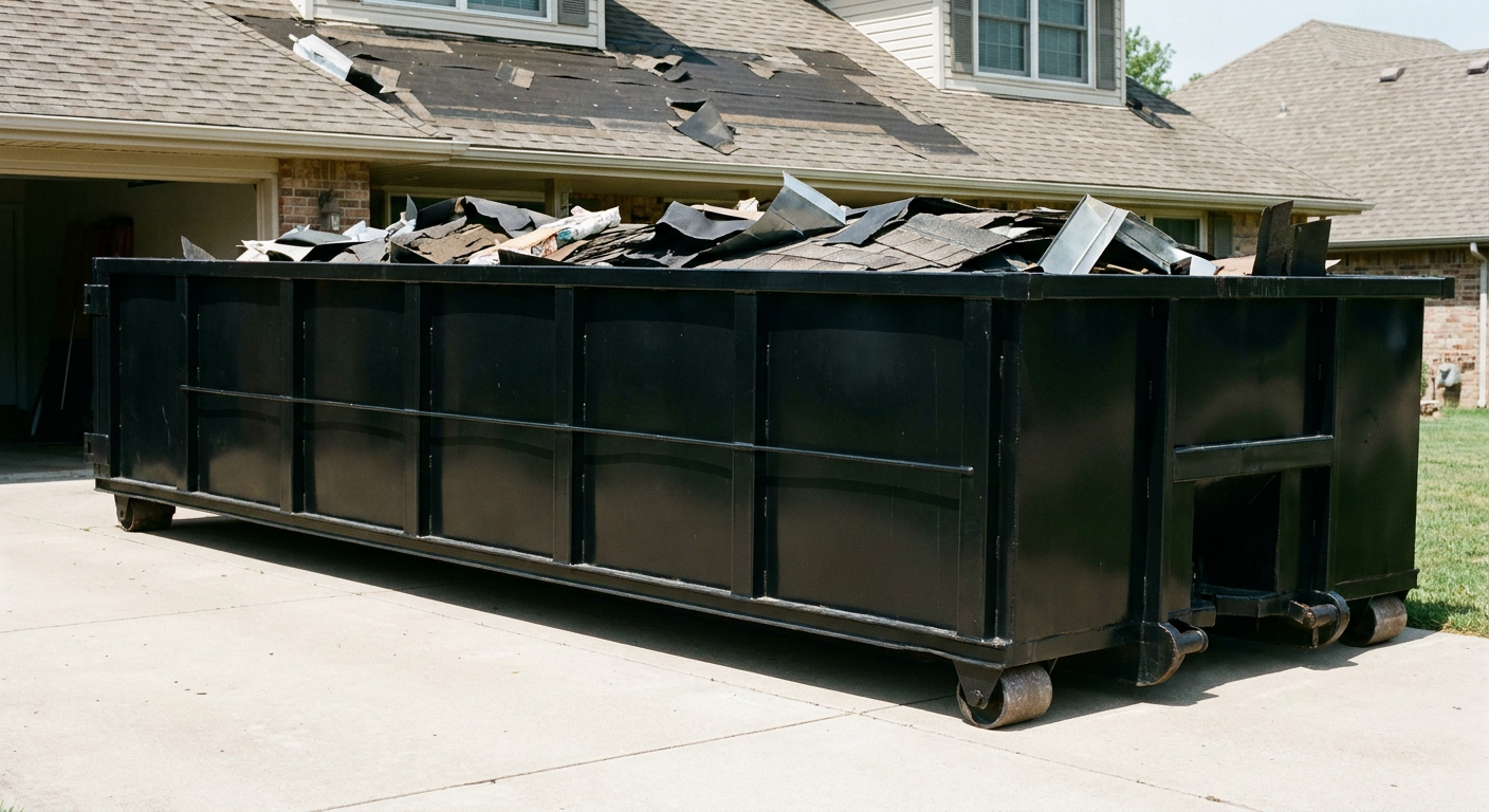 Matte-black 20-yard roofing roll-off dumpster with steel ribbed sides and swinging rear door, sitting directly on the concrete driveway of a two-story Pleasantville home, asphalt shingle debris being loaded over the low wall, clean documentary lighting.