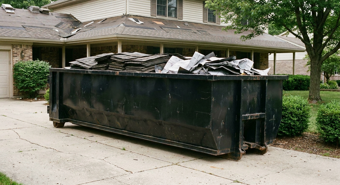 Matte-black 30-yard roofing roll-off dumpster sitting directly on a Pleasantville concrete driveway, taller ribbed steel side panels, mixed tear-off debris of asphalt shingles and underlayment inside, professional documentary daylight.