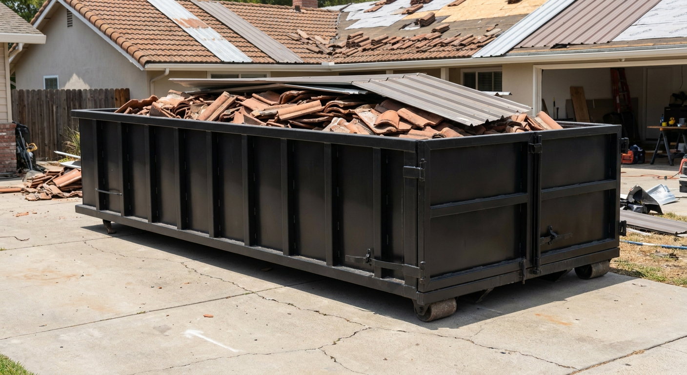 Matte-black low-wall heavy-debris roofing roll-off dumpster sitting directly on a Pleasantville concrete driveway, broken concrete clay roof tiles and metal panel sections loaded inside, reinforced ribbed steel side walls visible, bright outdoor daylight.