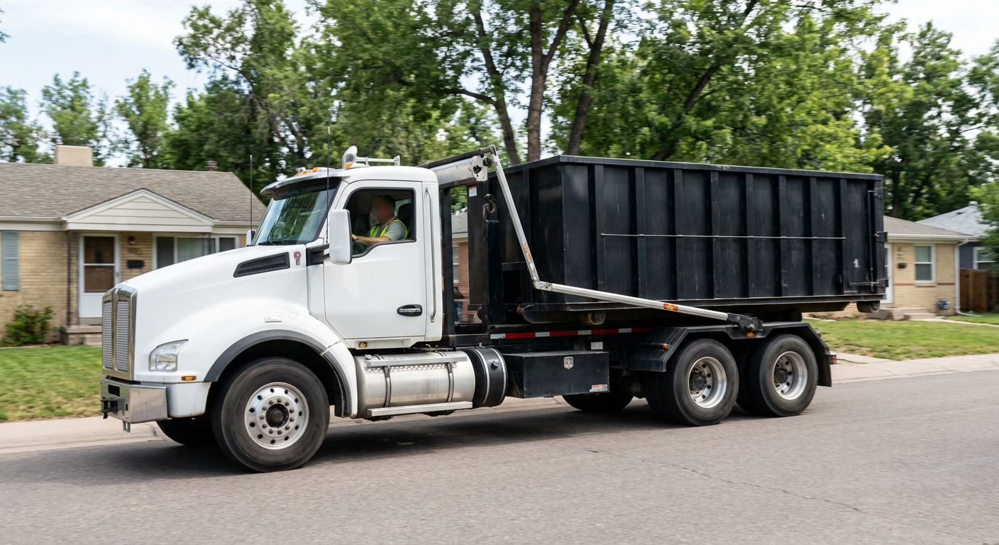A wide documentary shot of a matte-black roll-off delivery truck pulling onto a quiet Pleasantville residential street at mid-morning, with neighborhood rooftops and tree-lined blocks visible behind, showing the metro coverage footprint.
