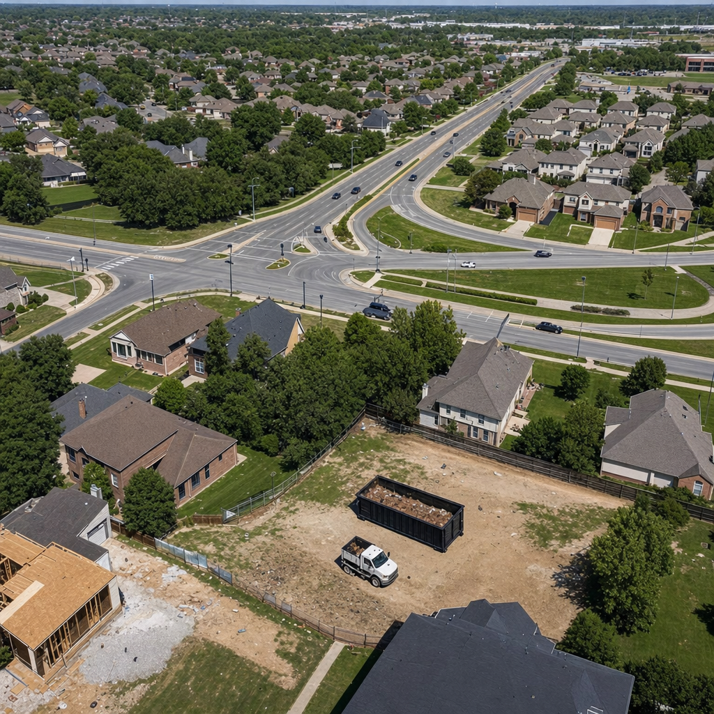 An overhead documentary view of the Pleasantville metro area at midday, showing the spread of neighborhoods, arterial roads, and the dispatch radius from a central yard — clean daylight, organized geographic layout.