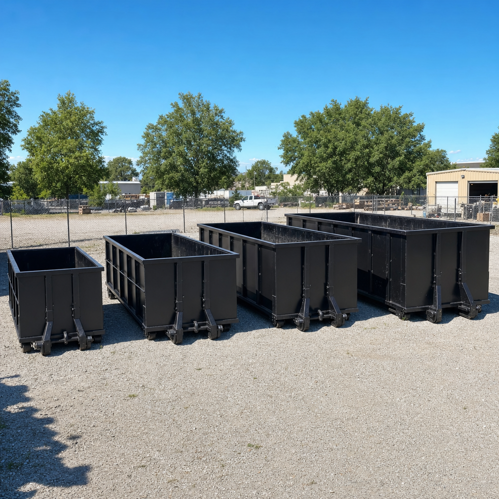 A clean lineup of matte-black roll-off dumpsters in 10, 20, 30, and 40-yard sizes staged on a sunlit gravel yard in Pleasantville, showing the size progression from compact to commercial-scale containers.