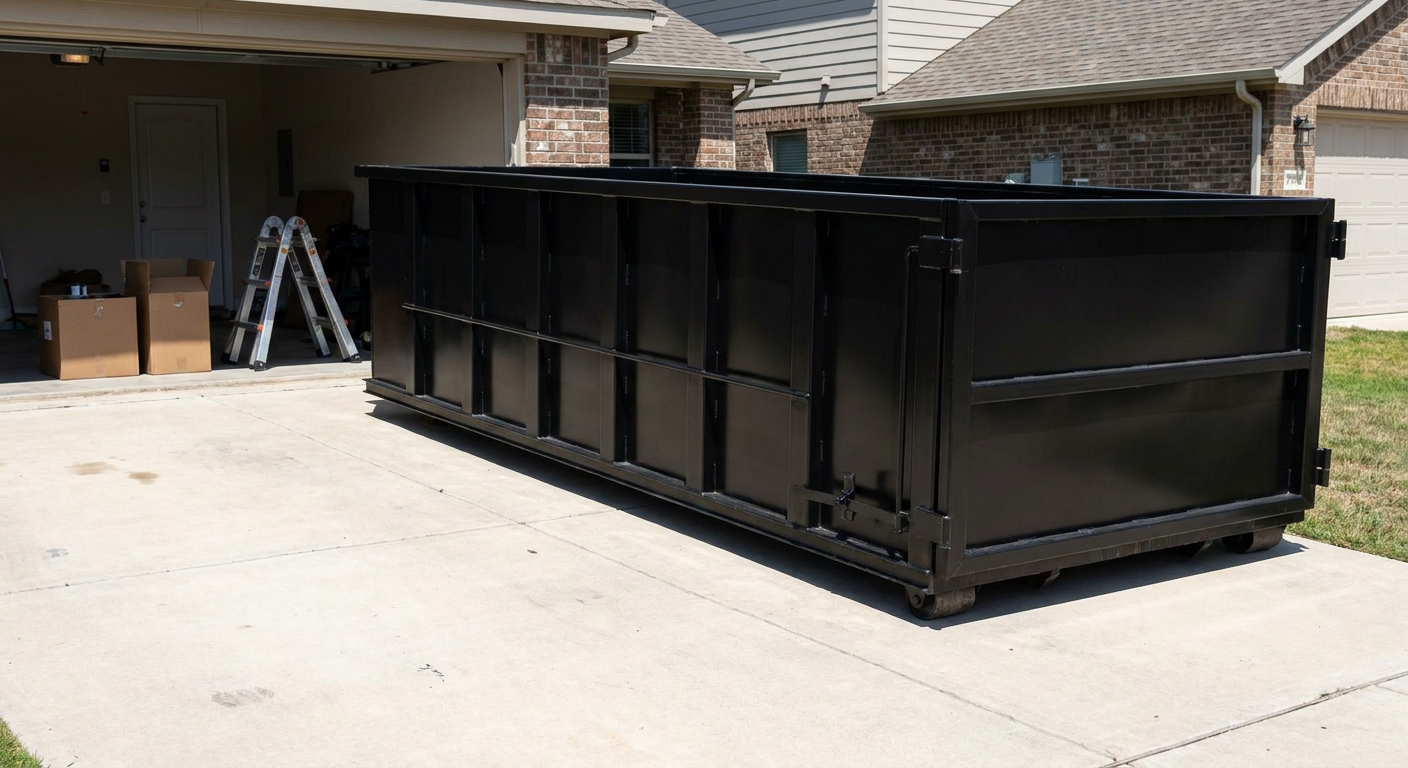 A matte-black 10-yard roll-off dumpster sitting directly on a residential Pleasantville concrete driveway, mid-day sunlight, clean and ready for a garage cleanout.