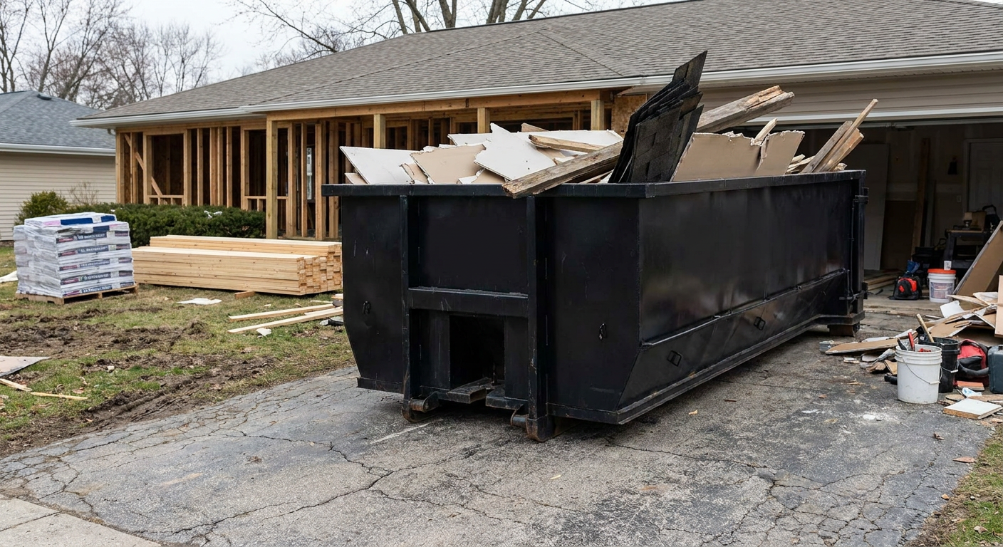A matte-black 20-yard roll-off dumpster placed alongside a mid-renovation Pleasantville home directly on the asphalt driveway, with framing materials and torn-off shingles staged neatly nearby.
