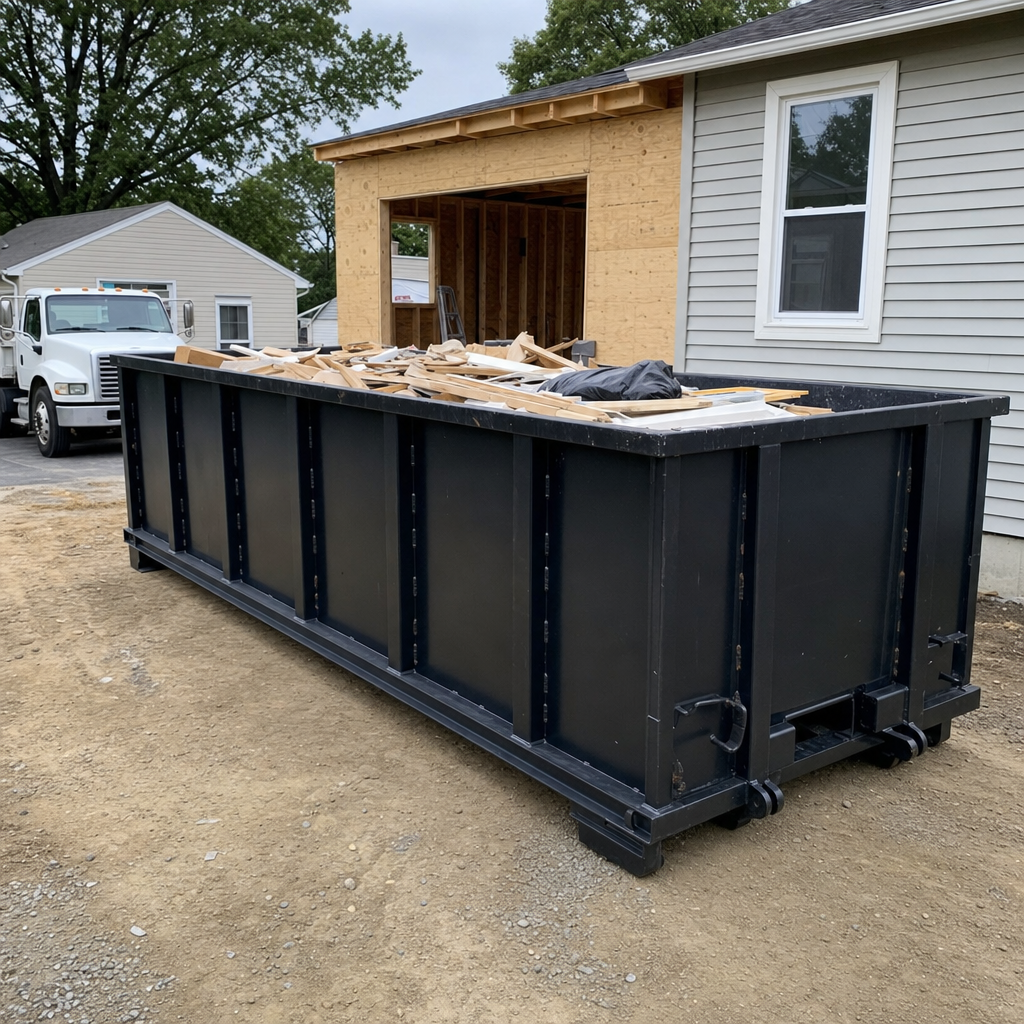 A matte-black 30-yard roll-off dumpster positioned at a Pleasantville residential addition jobsite, with framing lumber and drywall scraps loaded through the open swinging rear doors.