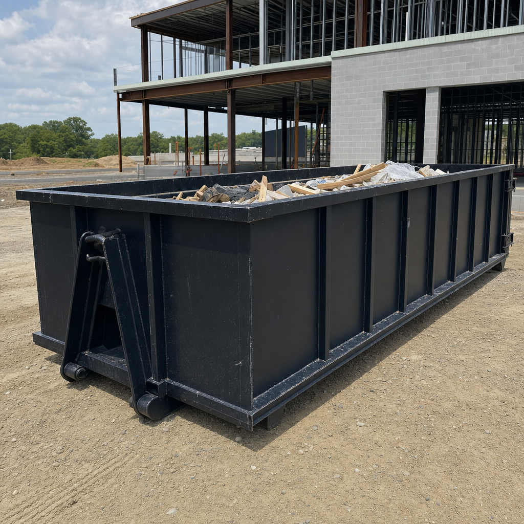 A matte-black 40-yard roll-off dumpster staged on a large Pleasantville commercial construction lot, with a hooklift delivery truck parked alongside under bright midday sky.
