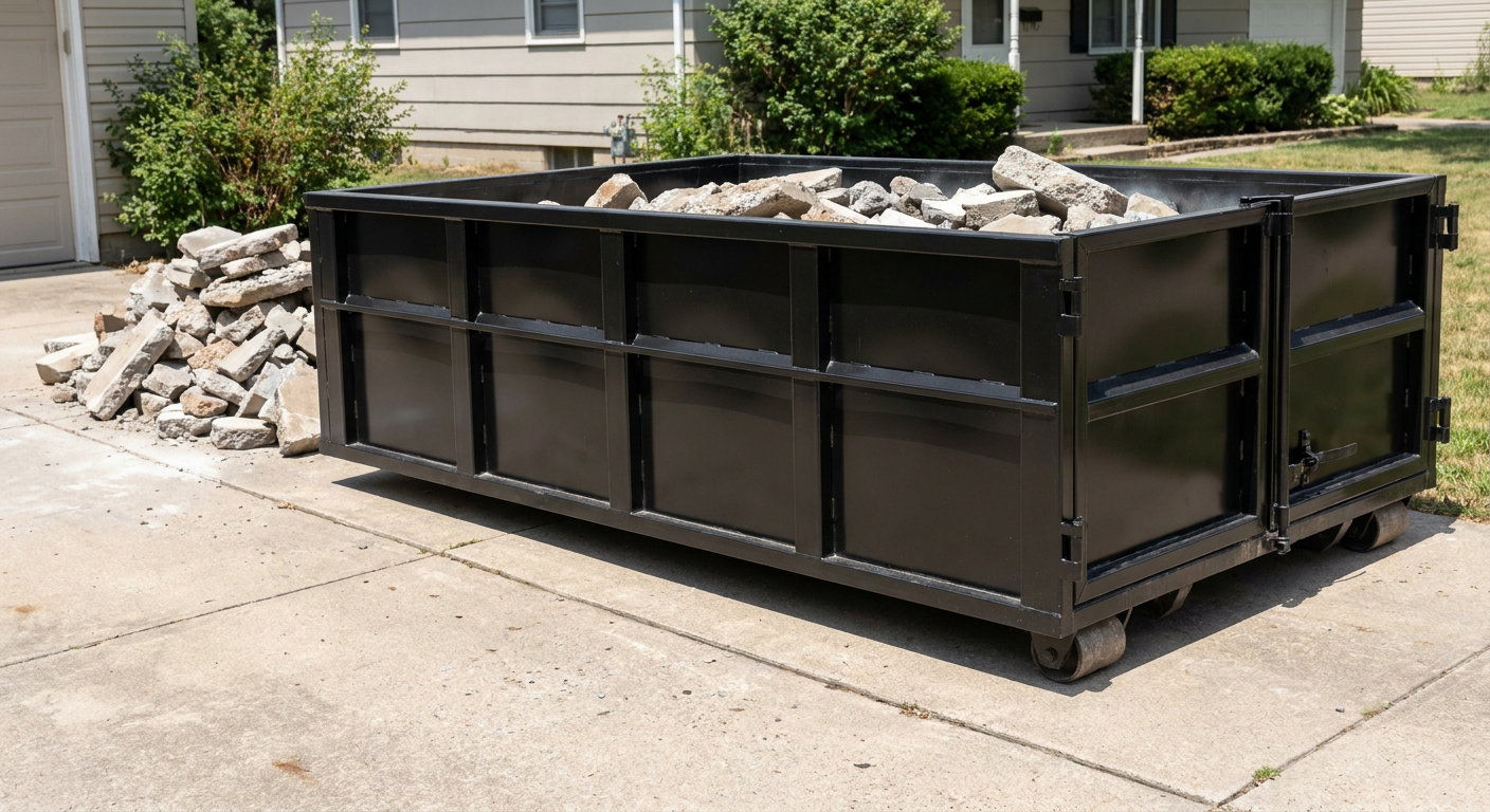 A matte-black low-side heavy-debris roll-off dumpster placed directly on a Pleasantville concrete driveway, with broken concrete chunks neatly stacked beside it under clean daylight.